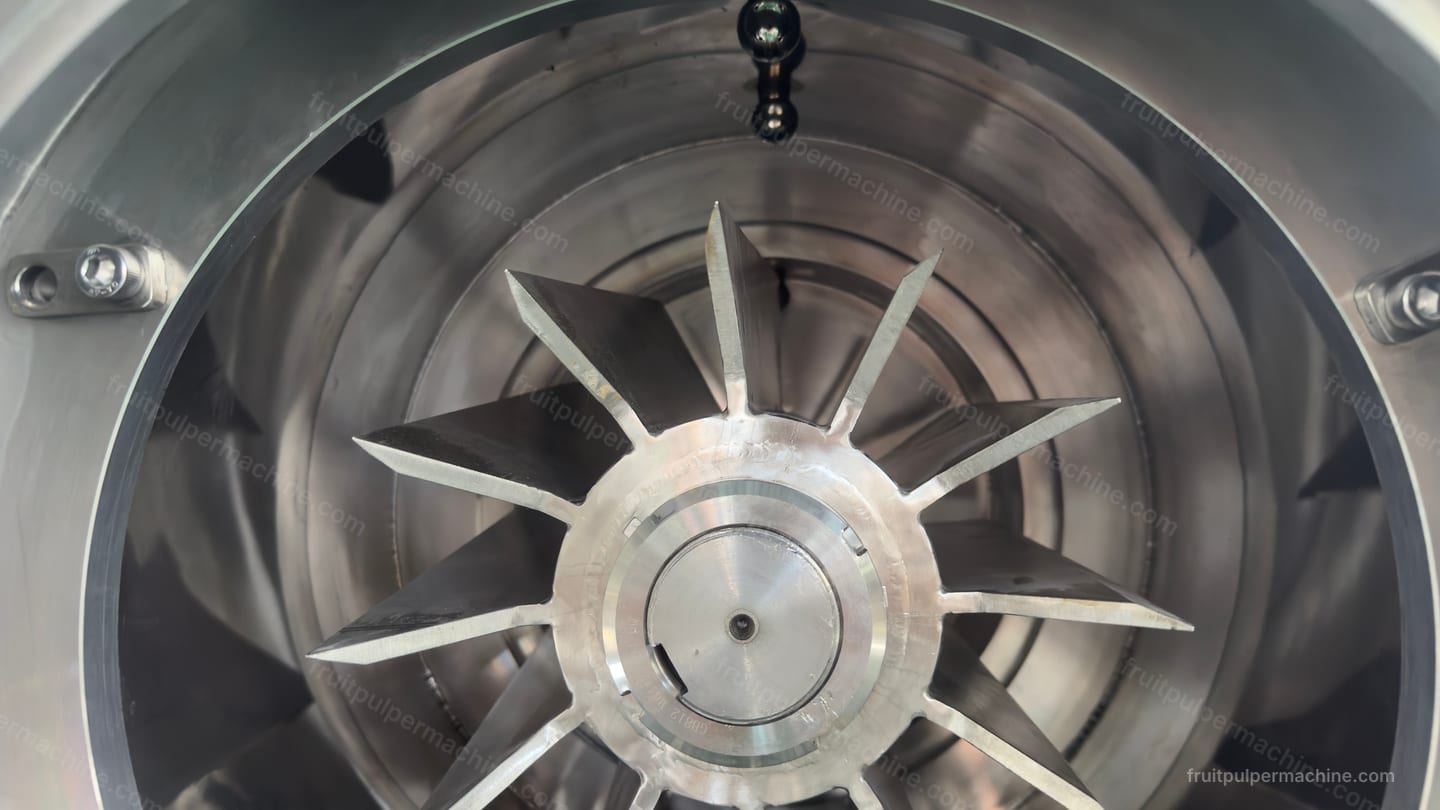 Internal fruit pulper rotor profile viewed through the circular product-contact chamber
