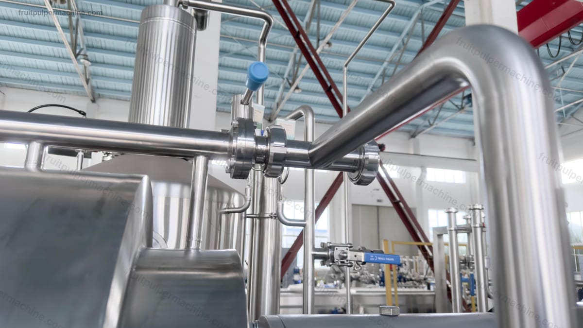 Fruit pulper line integration interfaces Fruit pulper feed and discharge interfaces connected within a processing line