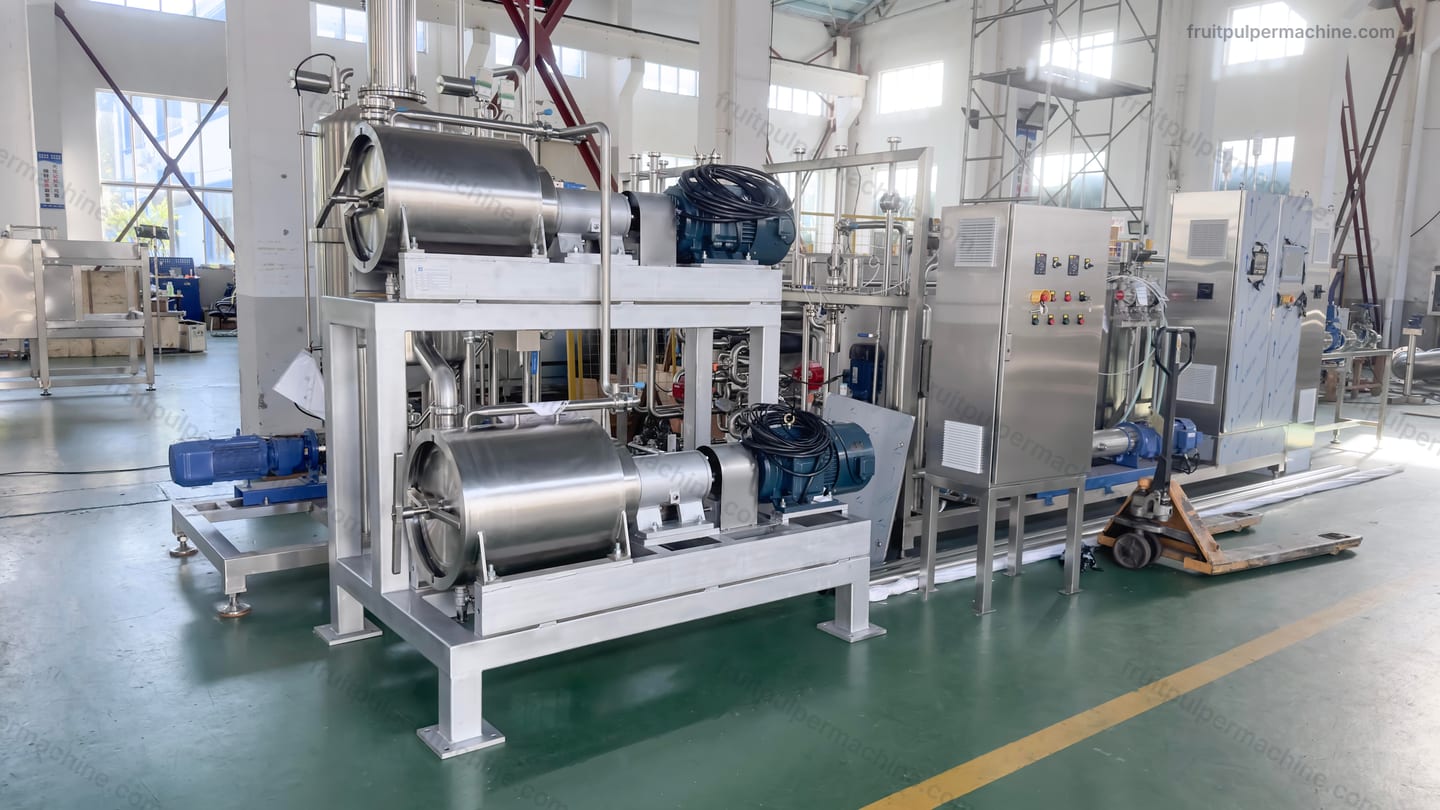 Fruit pulper equipment installed with control cabinet and surrounding processing-line connections