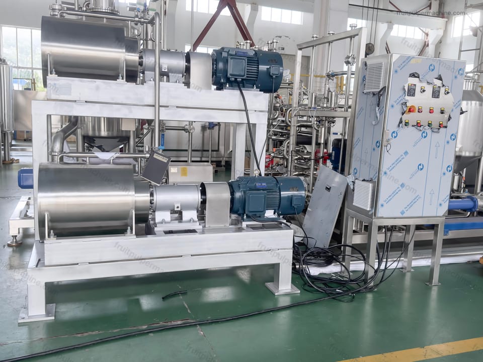 Complete fruit pulper system with two chambers, drives, frame, and control cabinet visible