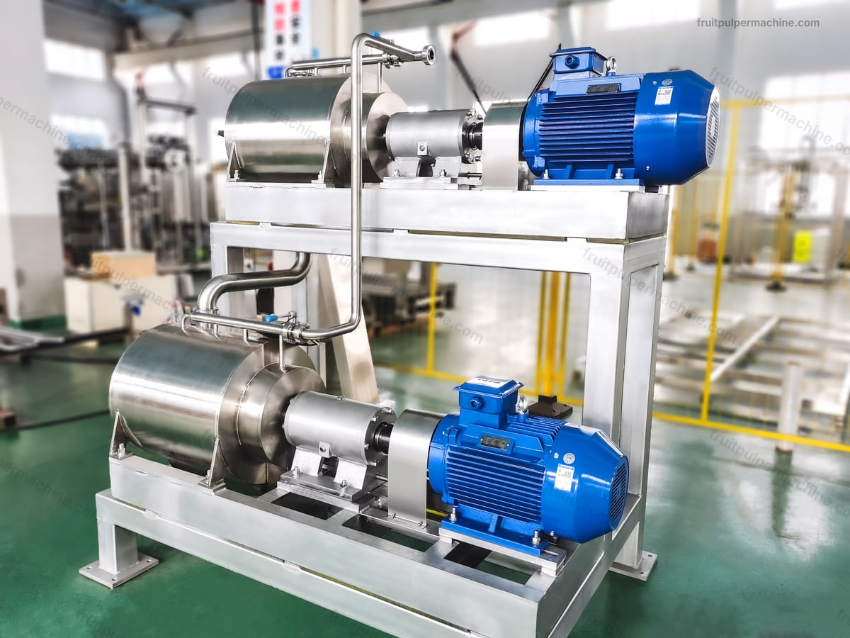 Fruit pulper drive motors, couplings, support frame, and adjacent observation points